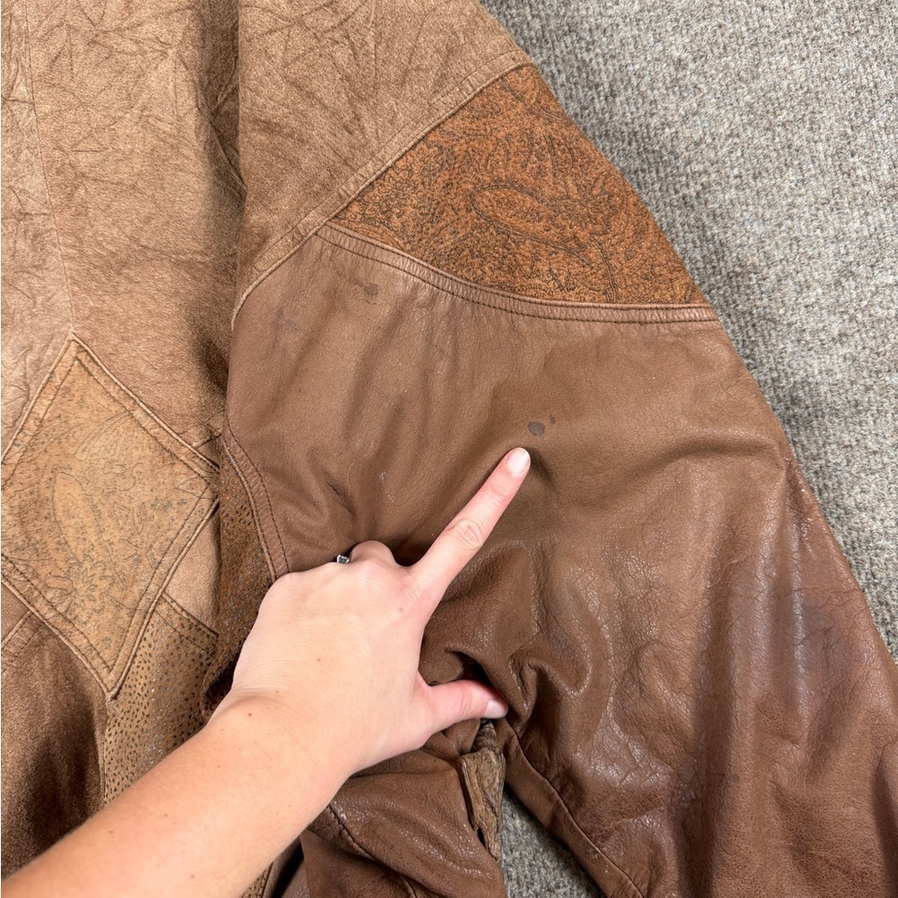 Vintage 80s Leather Suede Paisley Patchwork Bomber Jacket Womens M Brown Western - Picture 15 of 15